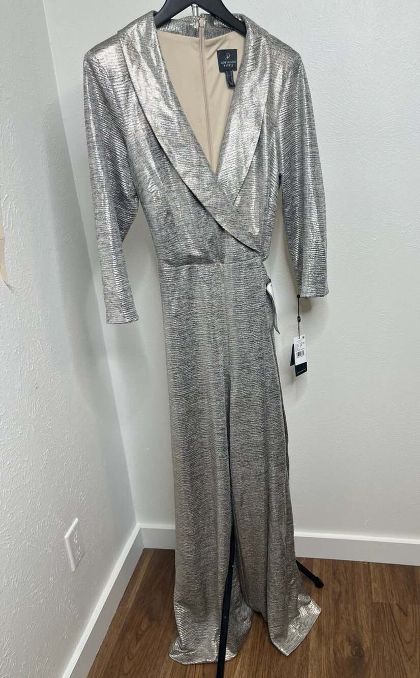 Adrianna Papell Silver Metallic Jumpsuit | Glam Party & Holiday Outfit